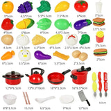 Collection of toy kitchen items including fruits, vegetables, and kitchen utensils with dimensions labeled.