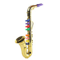 Gold saxophone with colorful key caps on a white background