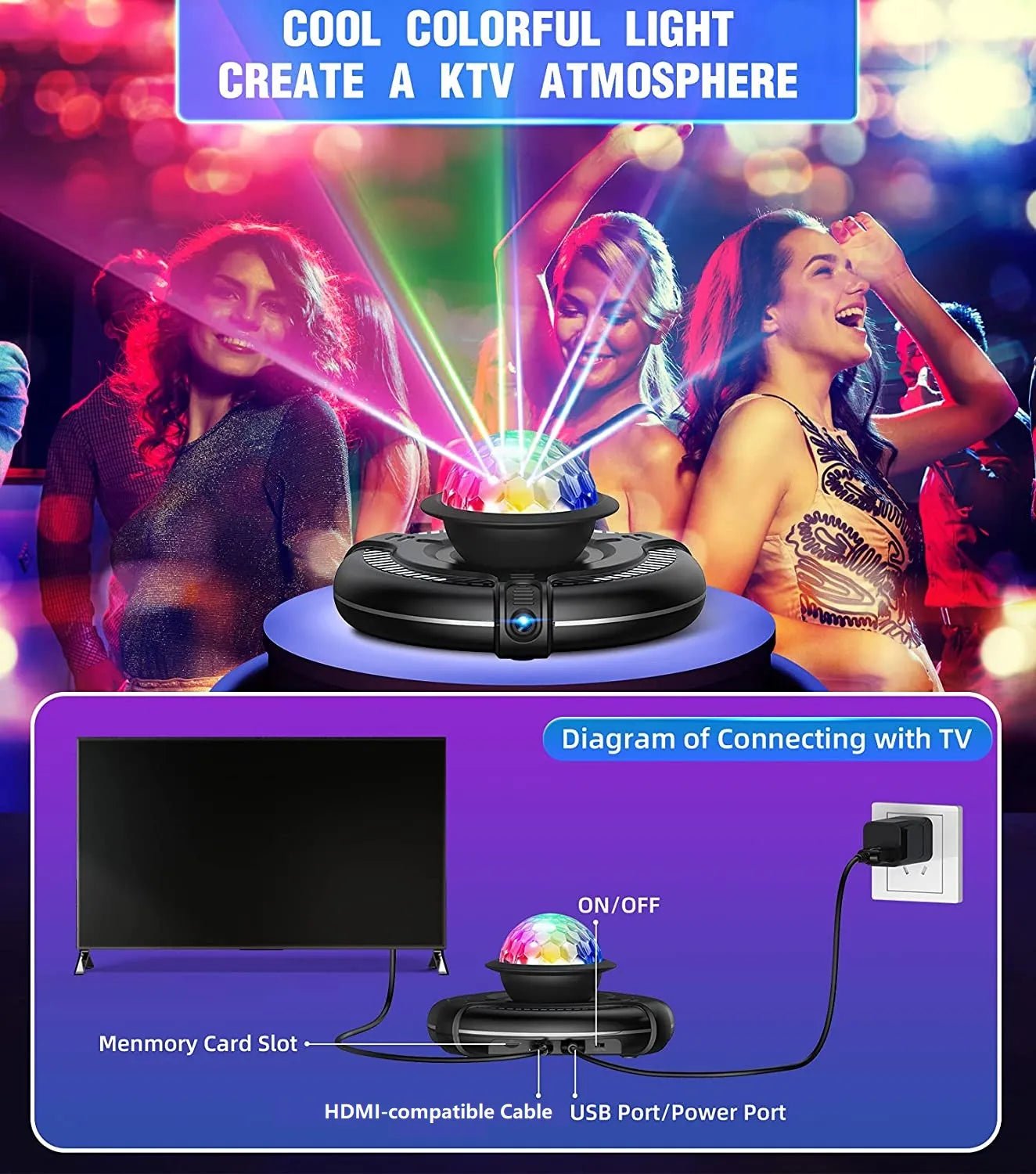 Colorful light projector with diagram for connection to TV, used to create a KTV atmosphere.