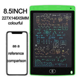 8.5-inch electronic writing pad with reference smartphone for size comparison on a white background