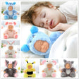 Collage of children's stuffed animals in various costumes with a sleeping child in the center.