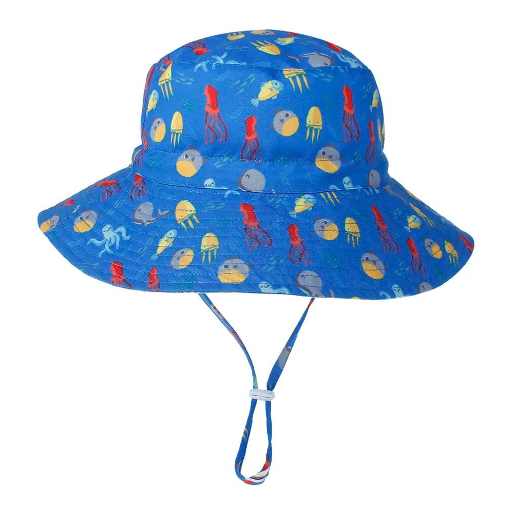 Blue children's sun hat with ocean-themed pattern on a white background