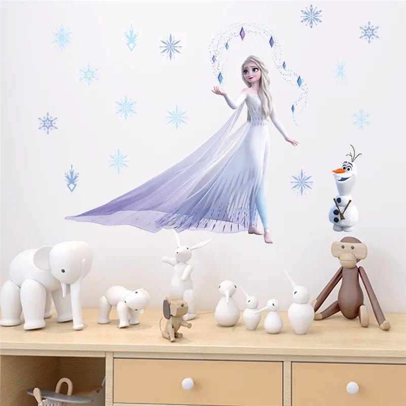 Children's room with Elsa wall decal, toys, and a wooden shelf.