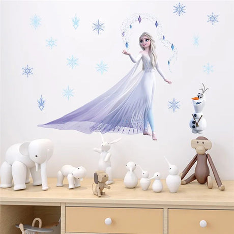 Children's room with Elsa wall decal, toys, and a wooden shelf.
