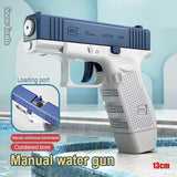 Manual water gun with detailed features on a poolside background