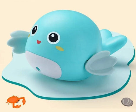 Blue cartoon-like bird toy with a white belly on a beige background