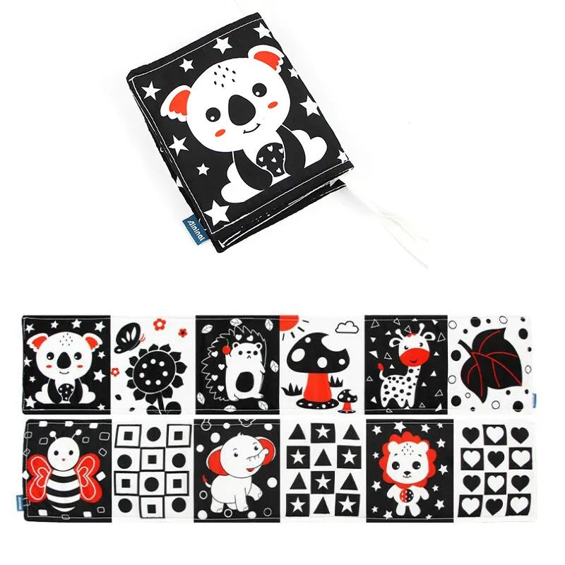 Children's soft book with panda design and matching cards on a white background