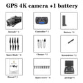 List of items included in a GPS 4K camera package with aircraft, controller, battery, spare blade, charger, screwdriver, manual, and spare screws.