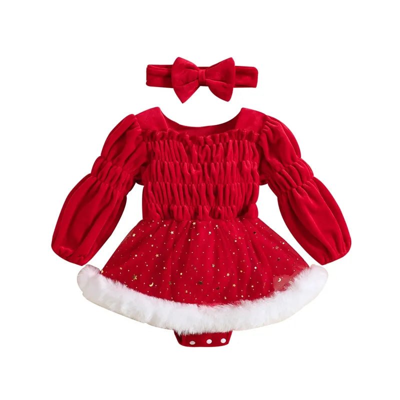 Red baby dress with white trim and matching headband on a white background