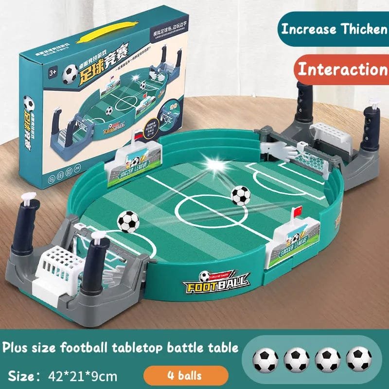 Tabletop football game with packaging on a wooden surface