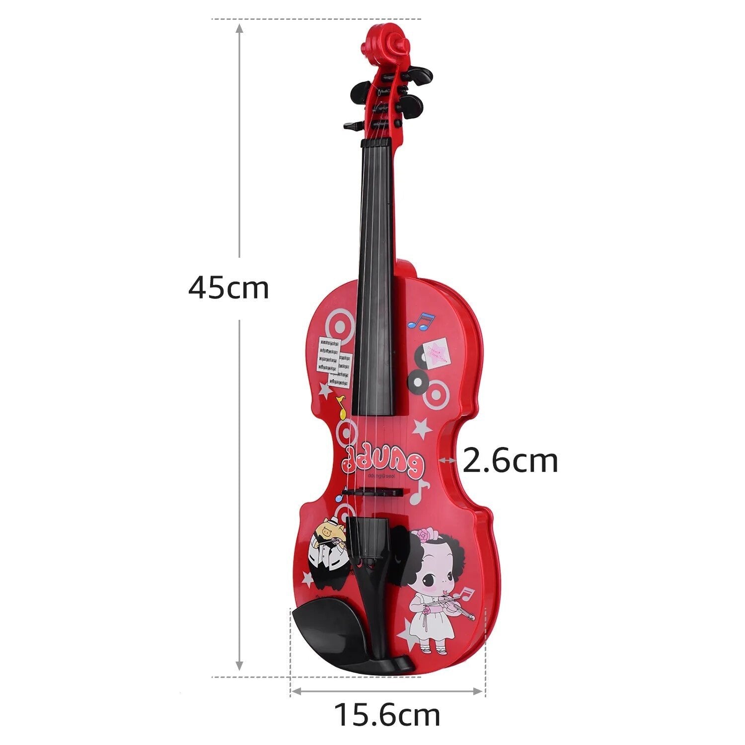 Red toy violin with cartoon characters and measurements on a white background