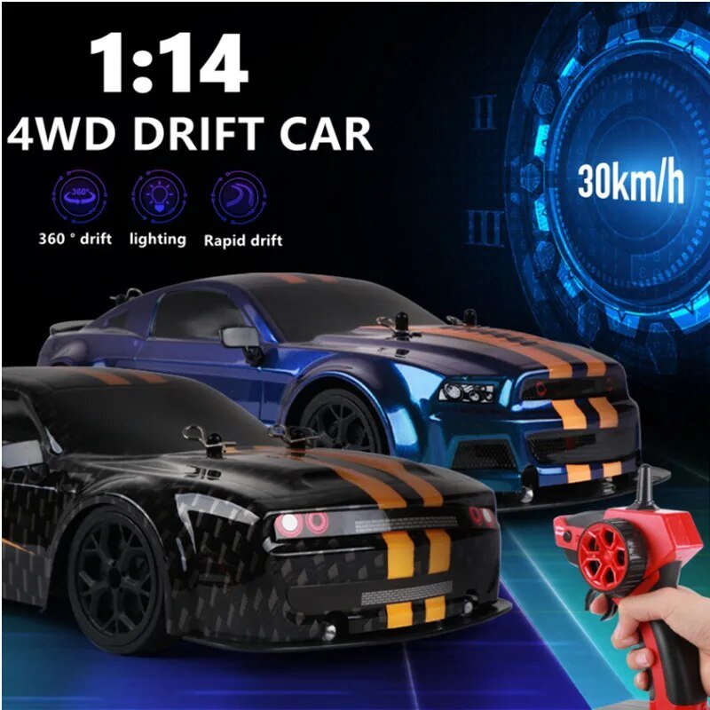 Two remote control cars, one black and orange, one blue and orange, with a remote control 