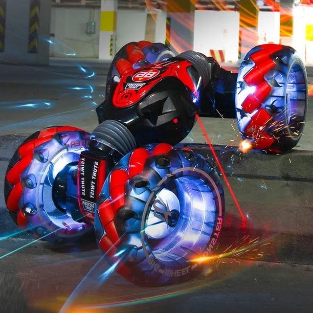 Toy motorcycle with glowing wheels and a red laser.