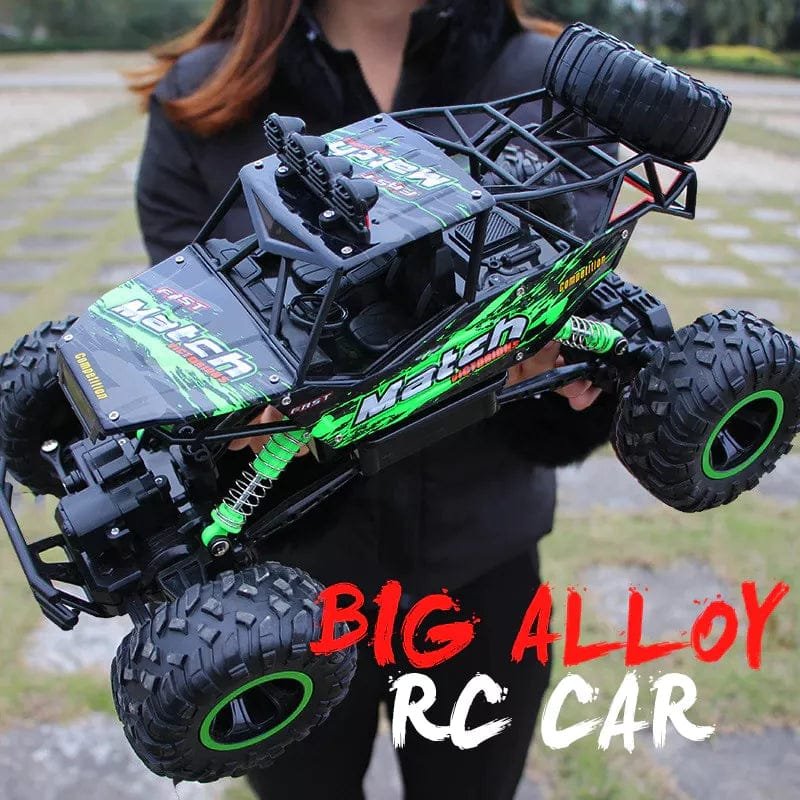 Person holding a large alloy RC car with 'Big Alloy RC Car' text overlay.