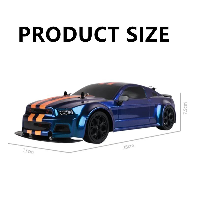 Blue and orange model car with dimensions 