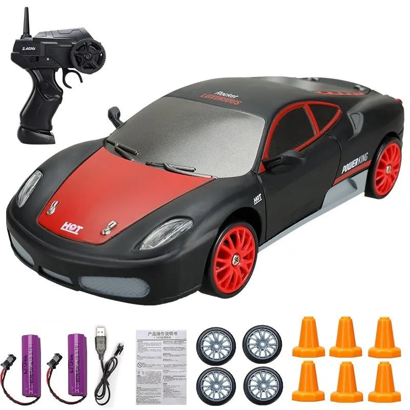 Toy car with remote control, batteries, and accessories