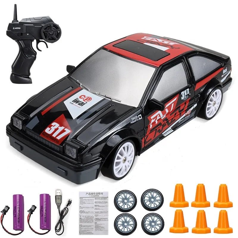 Radio-controlled car with remote control, batteries, and accessories