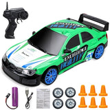 Green toy race car with remote control, battery, and accessories.