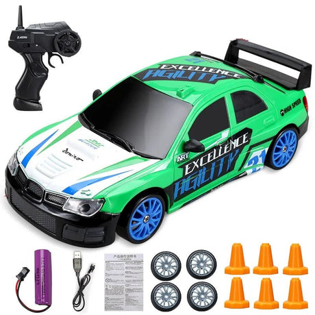Green toy race car with remote control, battery, and accessories.
