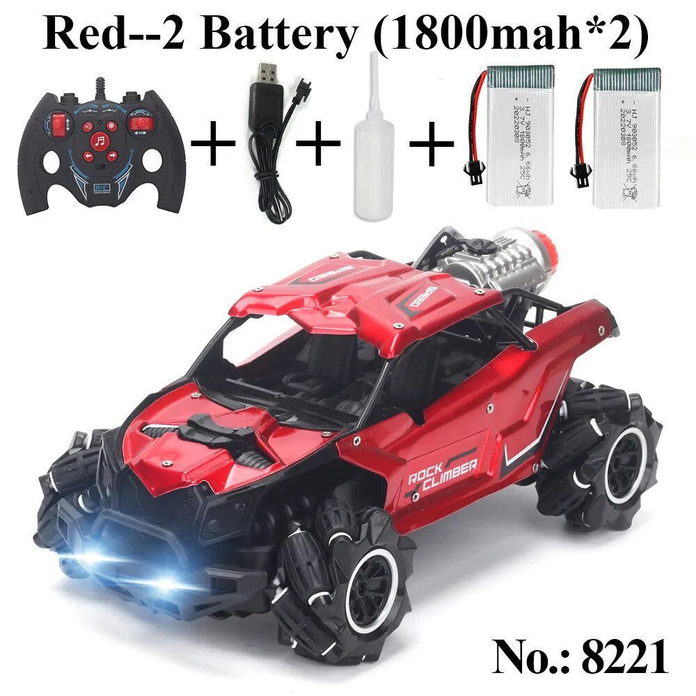 Red remote control car with battery pack, charger, and remote control.