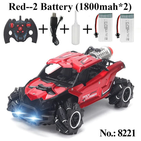 Red remote control car with battery pack, charger, and remote control.