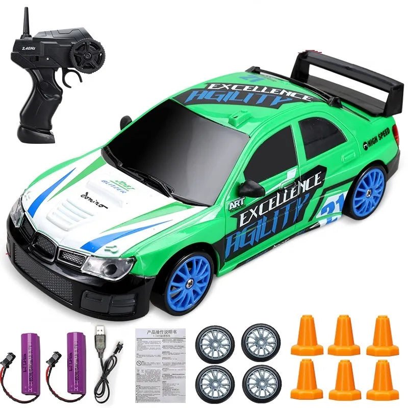 Green and white toy car with remote control, batteries, and cones.