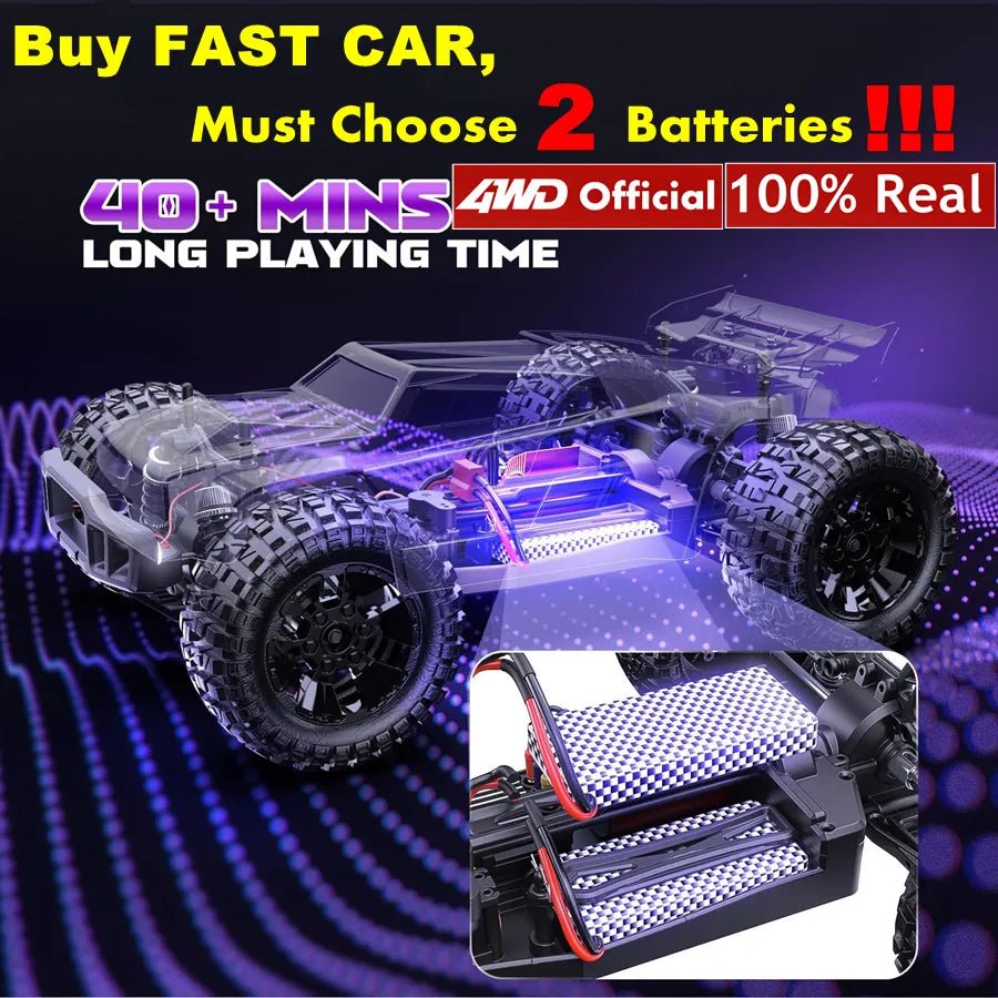 Toy car with clear body and black wheels on a dark background with promotional text.