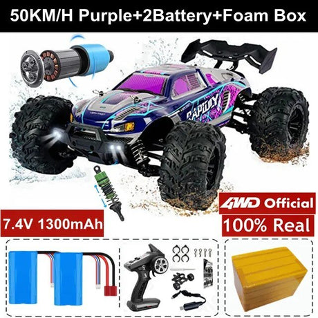 Toy car with accessories including batteries and a foam box, labeled with specifications