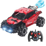 Red toy off-road vehicle with black tires and a remote control