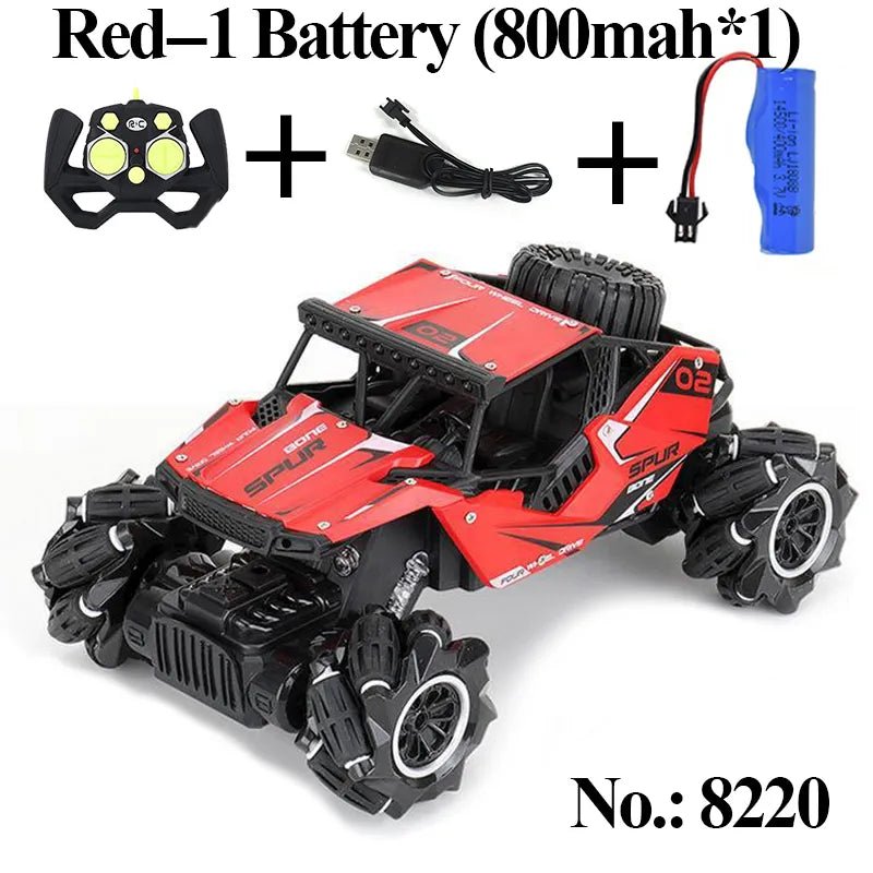 Red remote control car with battery, charger, and remote.