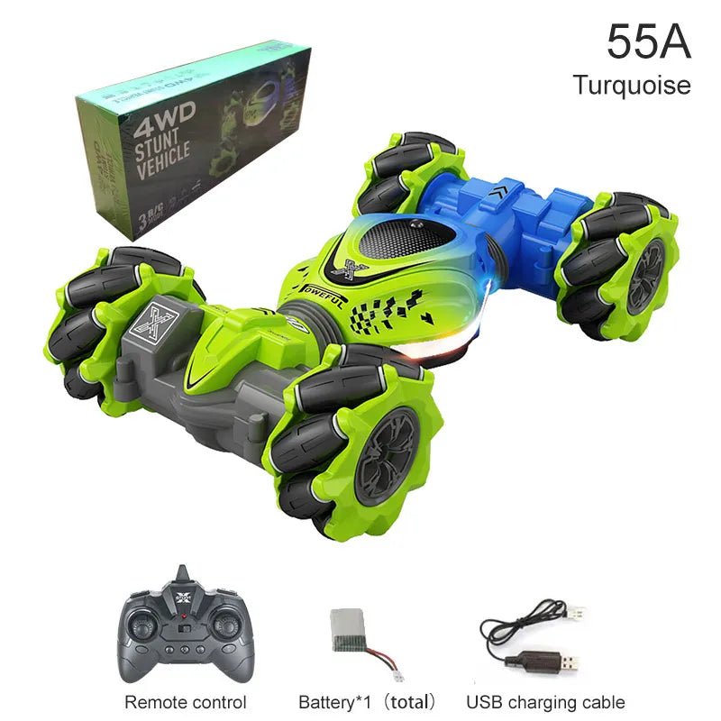 Toy vehicle with remote control, battery, and charging cable.