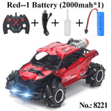 Red RC car with remote control, battery, and cable.