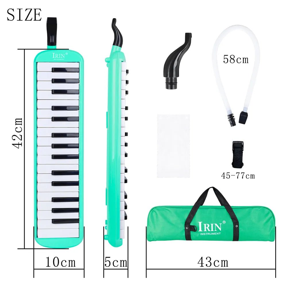 Green and white melodic instrument with accessories and measurements on a white background