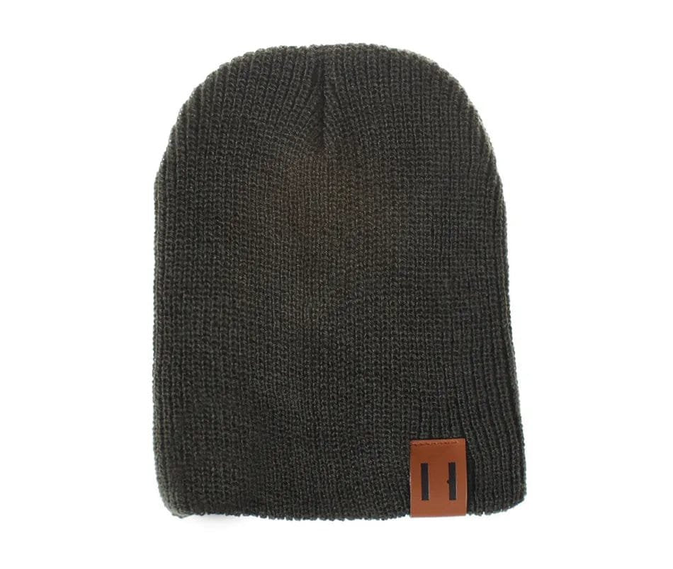Dark gray knit beanie with a brown leather patch on a white background