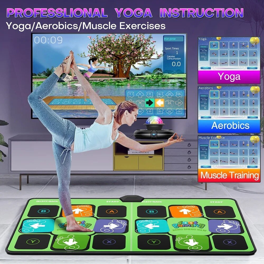 Person using a yoga mat with digital display in a home setting, showing yoga, aerobics, and muscle training options.