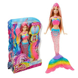 Barbie mermaid doll with rainbow lights and packaging on a white background