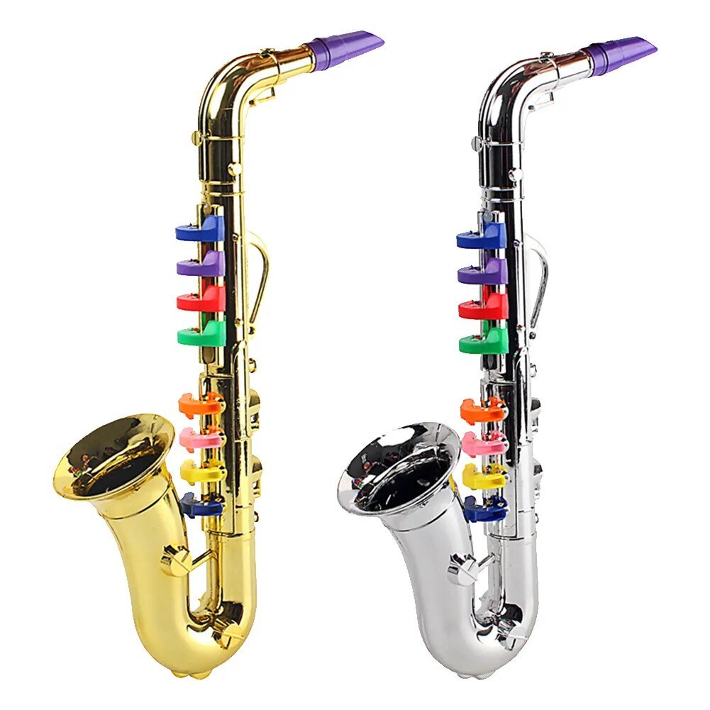 Gold and silver saxophones with multicolored keys on a white background