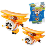 Two orange toy planes with propellers and a packaging sleeve labeled 'Super Wings' on a white background.