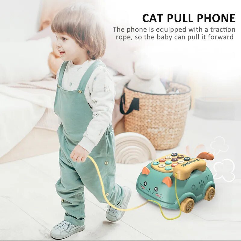 Child pulling a toy phone with a traction rope on a light-colored floor.