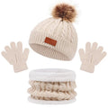 Beige knit hat with brown pom-pom, matching gloves, and cable knit scarf on a white background