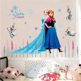 Wall decal of Elsa and Anna from Frozen with Olaf on a wall.