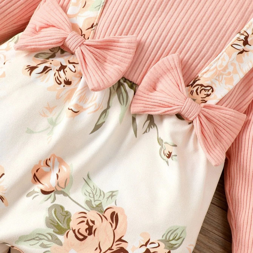 Floral fabric with pink ribbons and ribbed texture