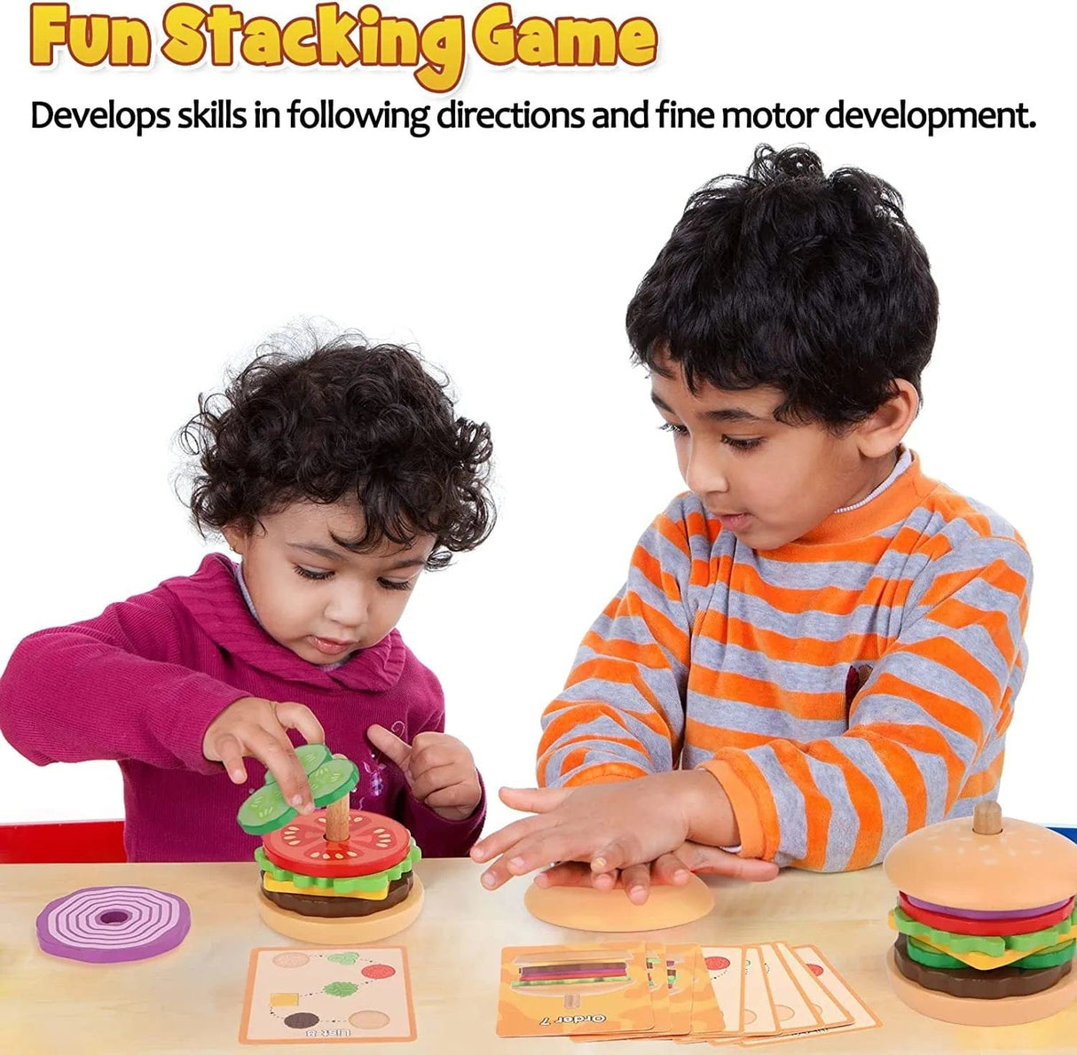 Two children playing with a stacking game that develops skills in following directions and fine motor development.