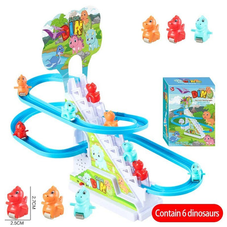 Dinosaur toy track set with small dinosaur figures and packaging on a white background