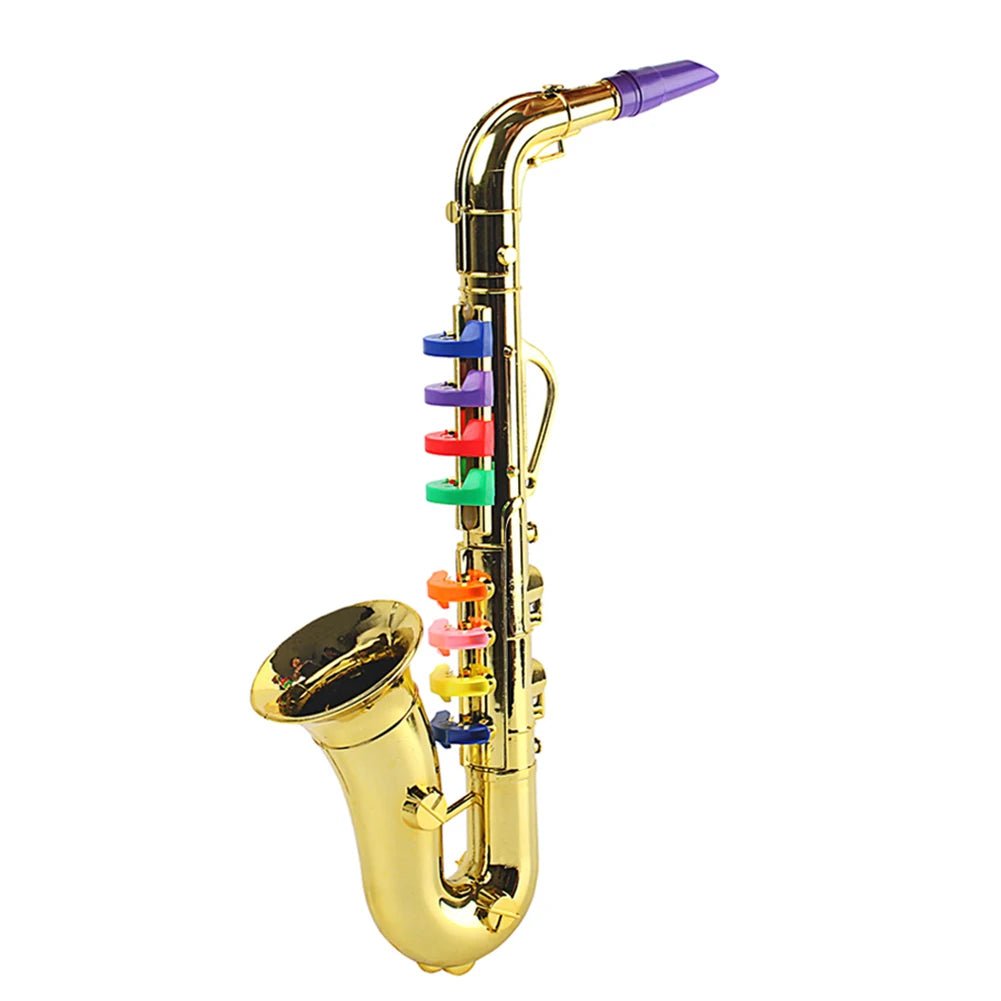 Gold saxophone with colorful key caps on a white background