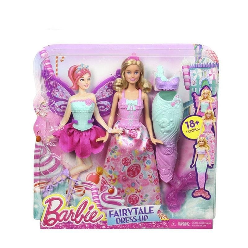 Barbie Fairytale Dress-Up toy set packaging with dolls and accessories on a white background