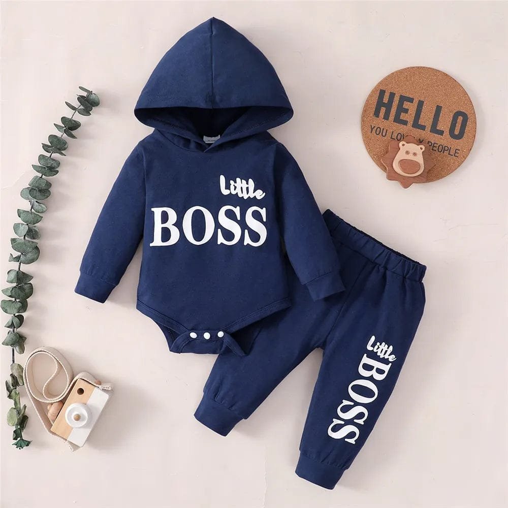 Navy blue 'little BOSS' outfit with matching pants on a light background