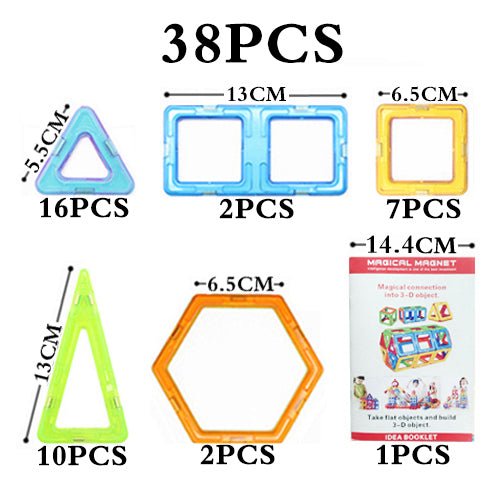 Set of 38 plastic shapes with measurements and a packaging box on a white background