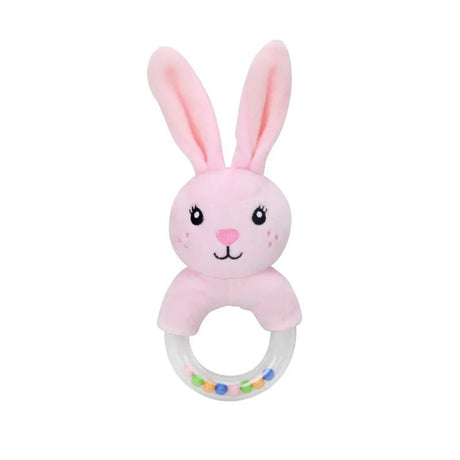 Pink bunny-shaped baby teether on a white background