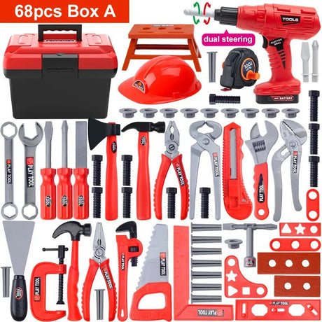 Set of tools including a toolbox, drill, helmet, and various hand tools on a white background.